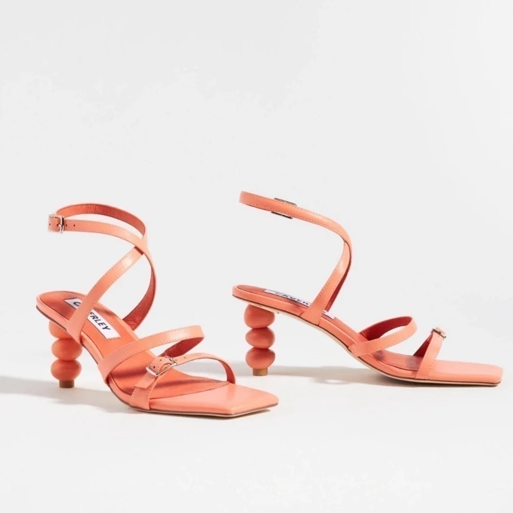ANTHROPOLOGIE CAVERLEY MAZIE STRAPPY SQUARE TOE CORAL ROCK ANKLE WRAP HEELS